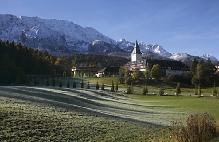 Exterior of luxury hotel Schloss Elmau in Bavarian Alps