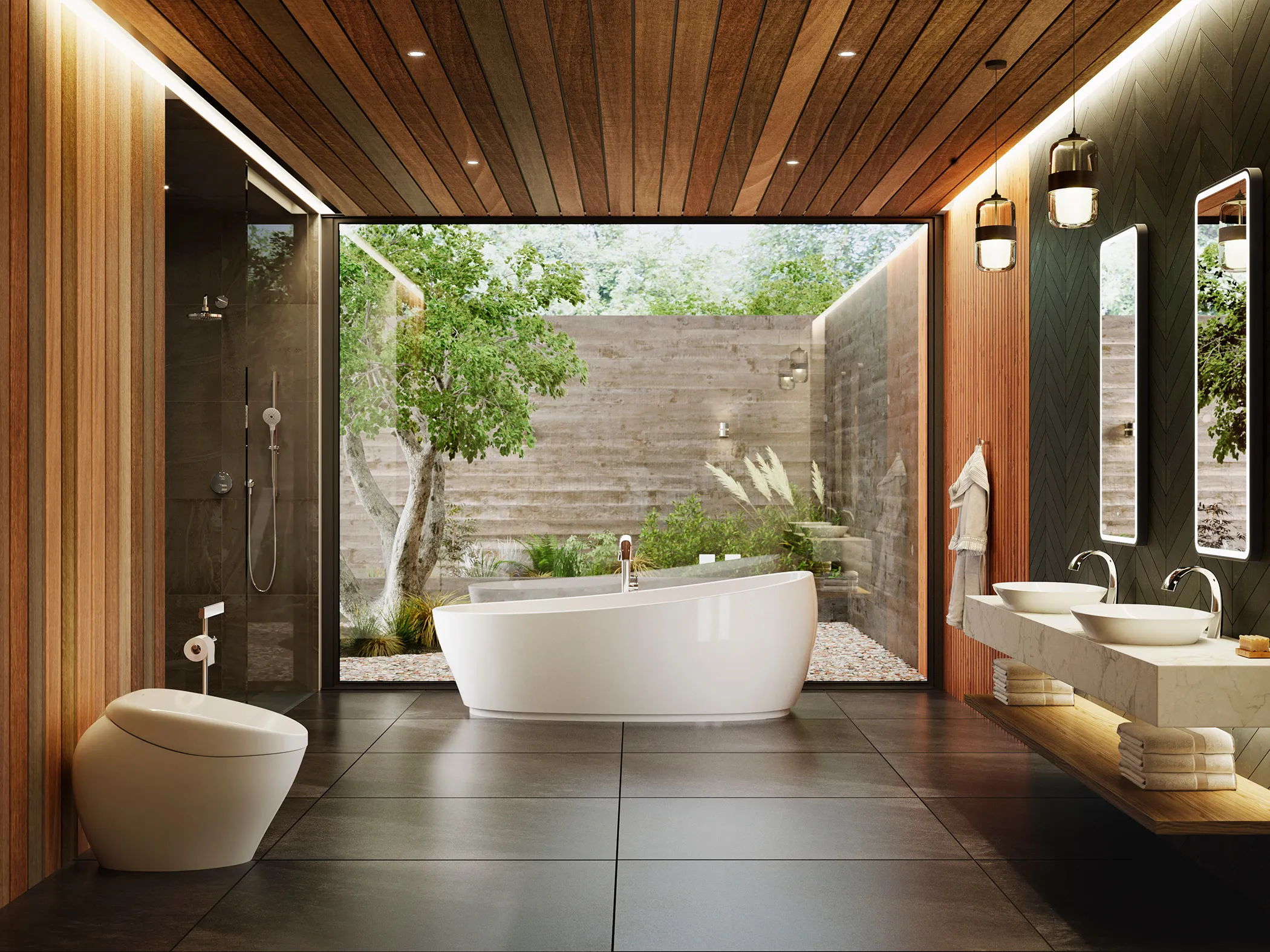 A luxurious modern bathroom features a freestanding tub, NEOREST toilet, double vanity, and a large window that opens to a serene private garden with natural light streaming in.