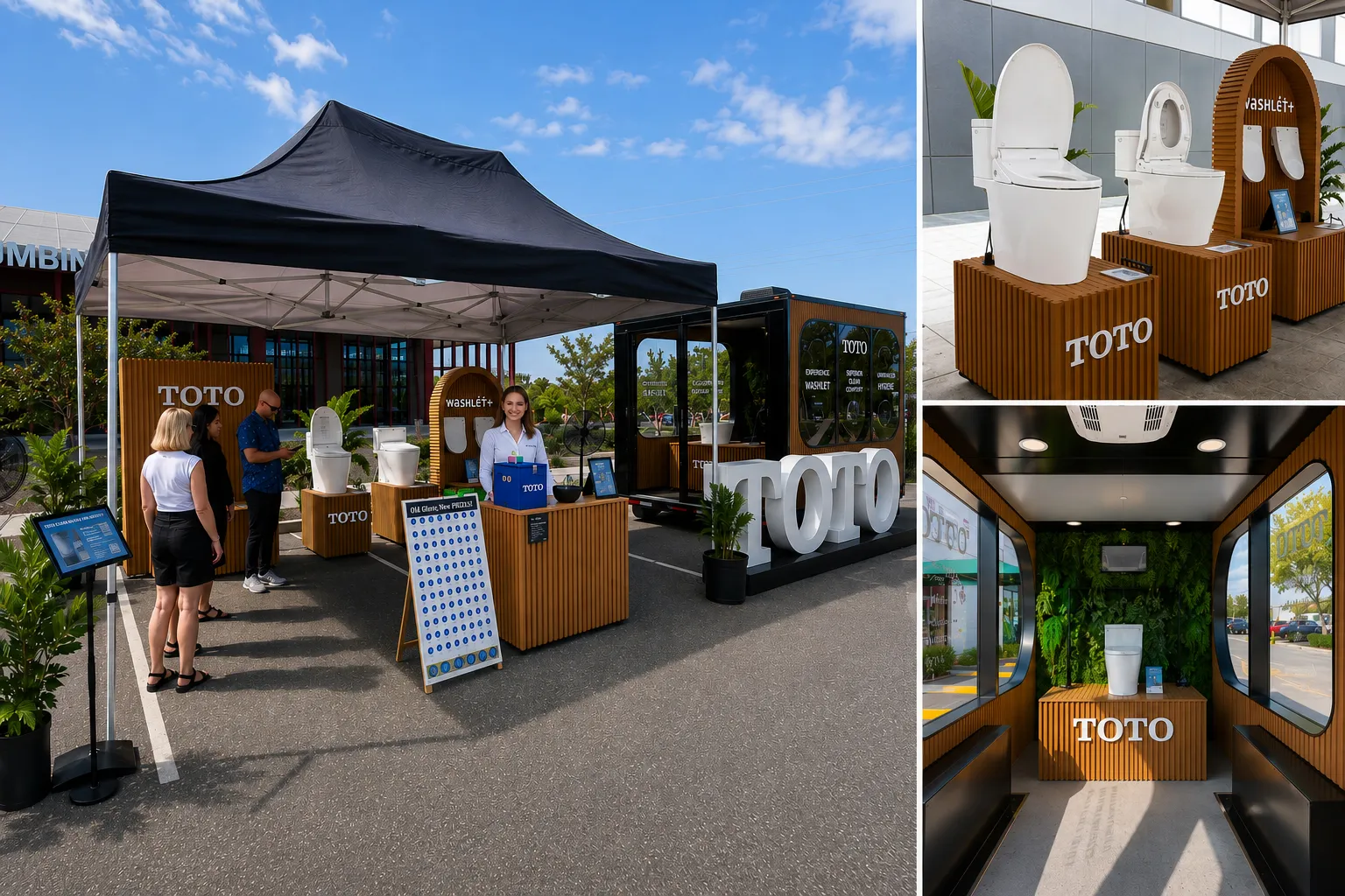 Scenes of Toto parking lot exhibition featuring newest toilets on stands and in trailer