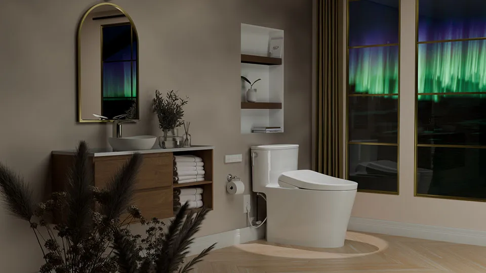 Modern bathroom vignette featuring TOTO Aurora WASHLET+ S7A one-piece toilet with sleek design, vessel sink, and warm ambient lighting.