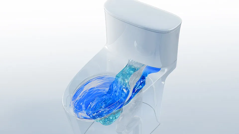 X-ray view of TOTO Aurora toilet’s INTEGRAVITY SYSTEM nested tanks releasing dual water flows for extended full-bowl cleaning.