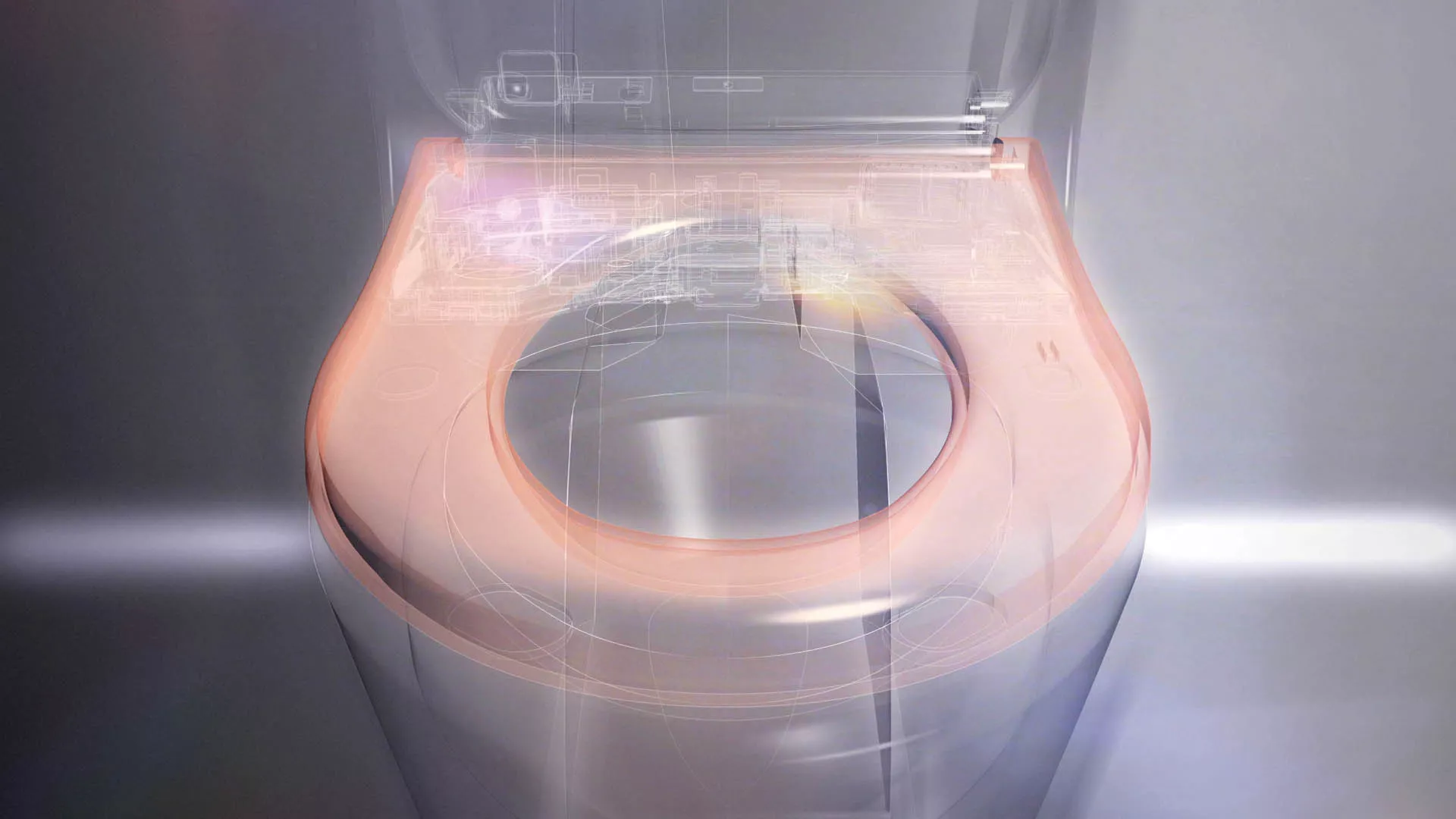 A translucent rendering of a toilet seat highlights the internal technology used to provide consistent seat heating.