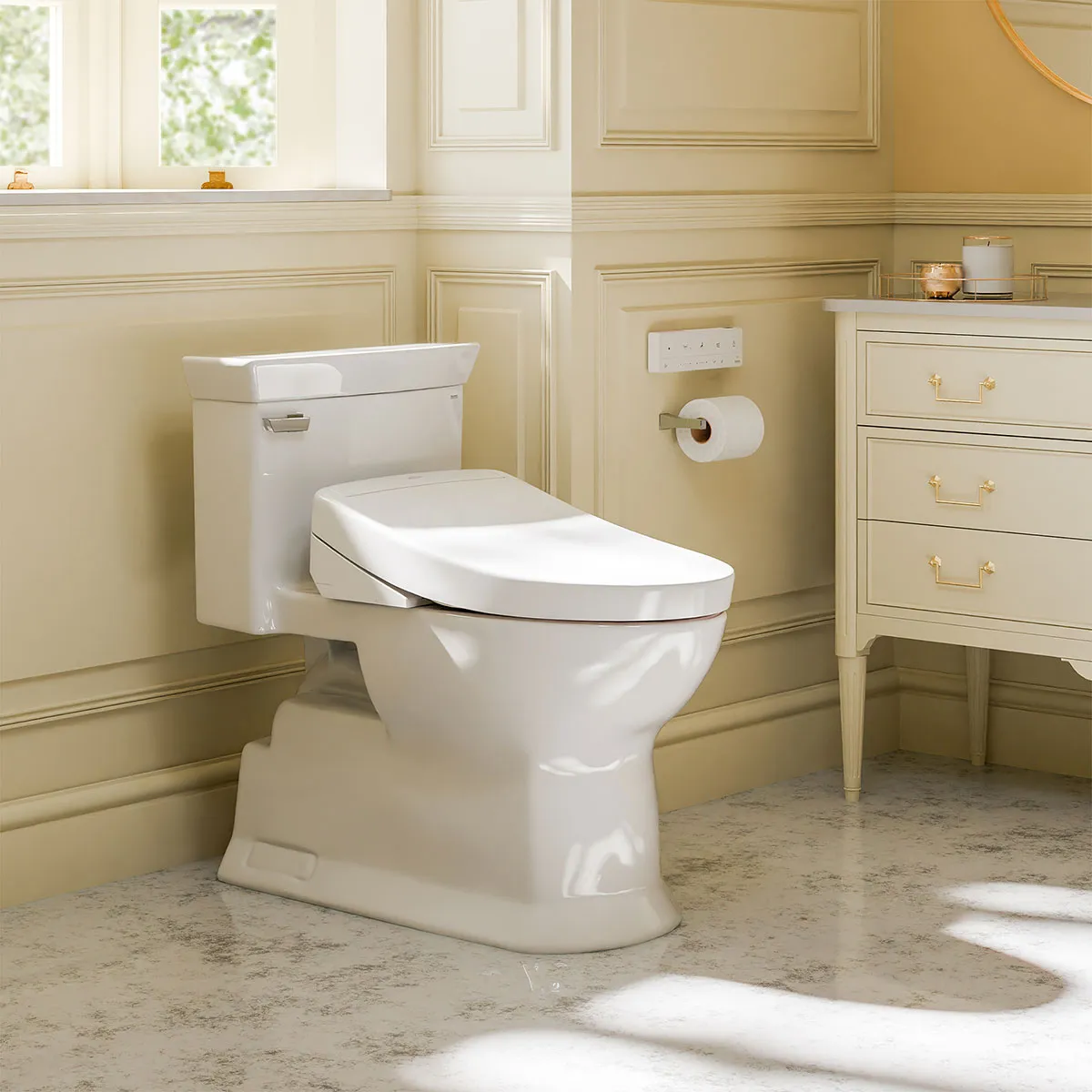 Award-winning WASHLET S5 bidet seat by TOTO on a Soirée Toilet in a bright luxury bathroom with classic clean design.