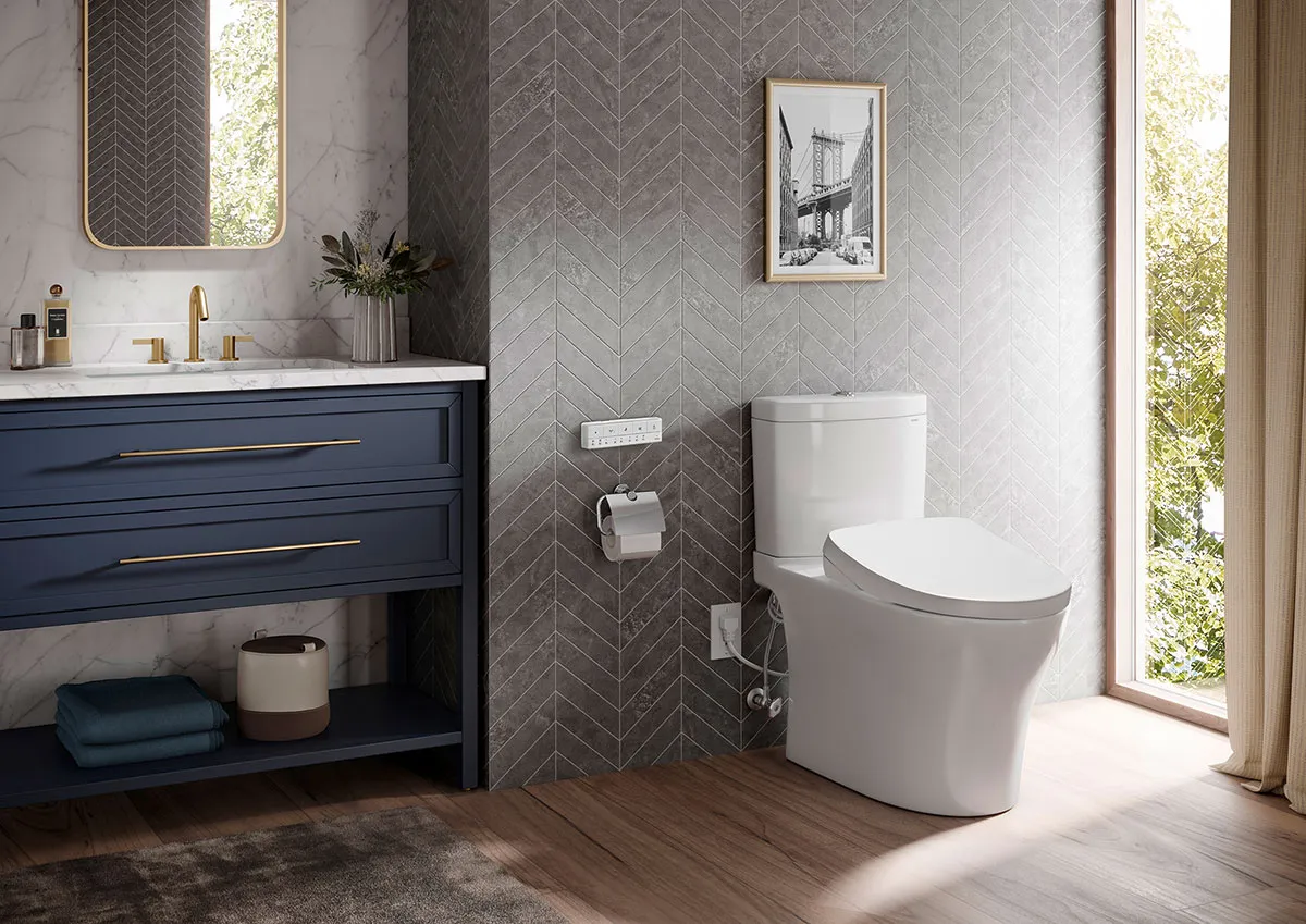 WASHLET+ S7A Bidet Toilet by TOTO in an elegant bathroom with a vanity, the epitome of comfort and clean-line design.