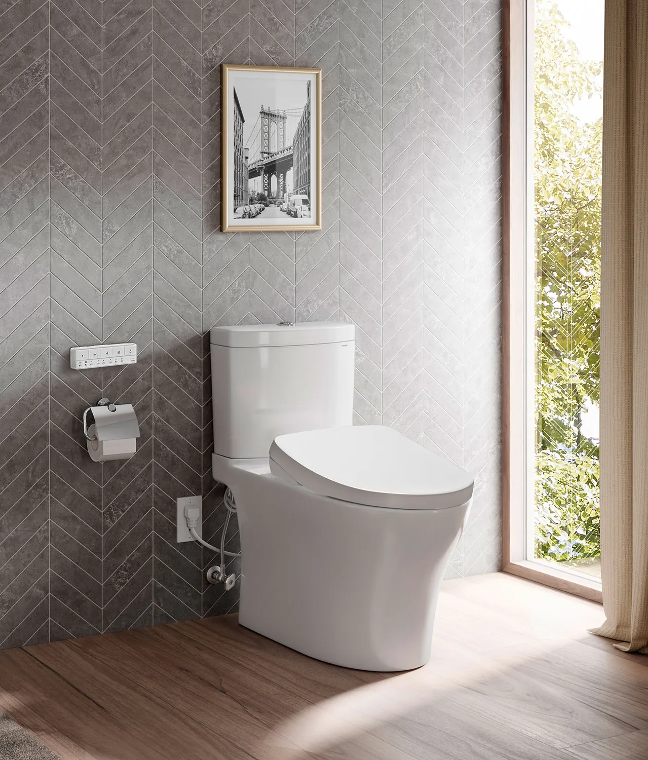 TOTO WASHLET+ system in a modern bathroom, illustrating hands-free functions and intuitive controls that enhance daily comfort for every body.