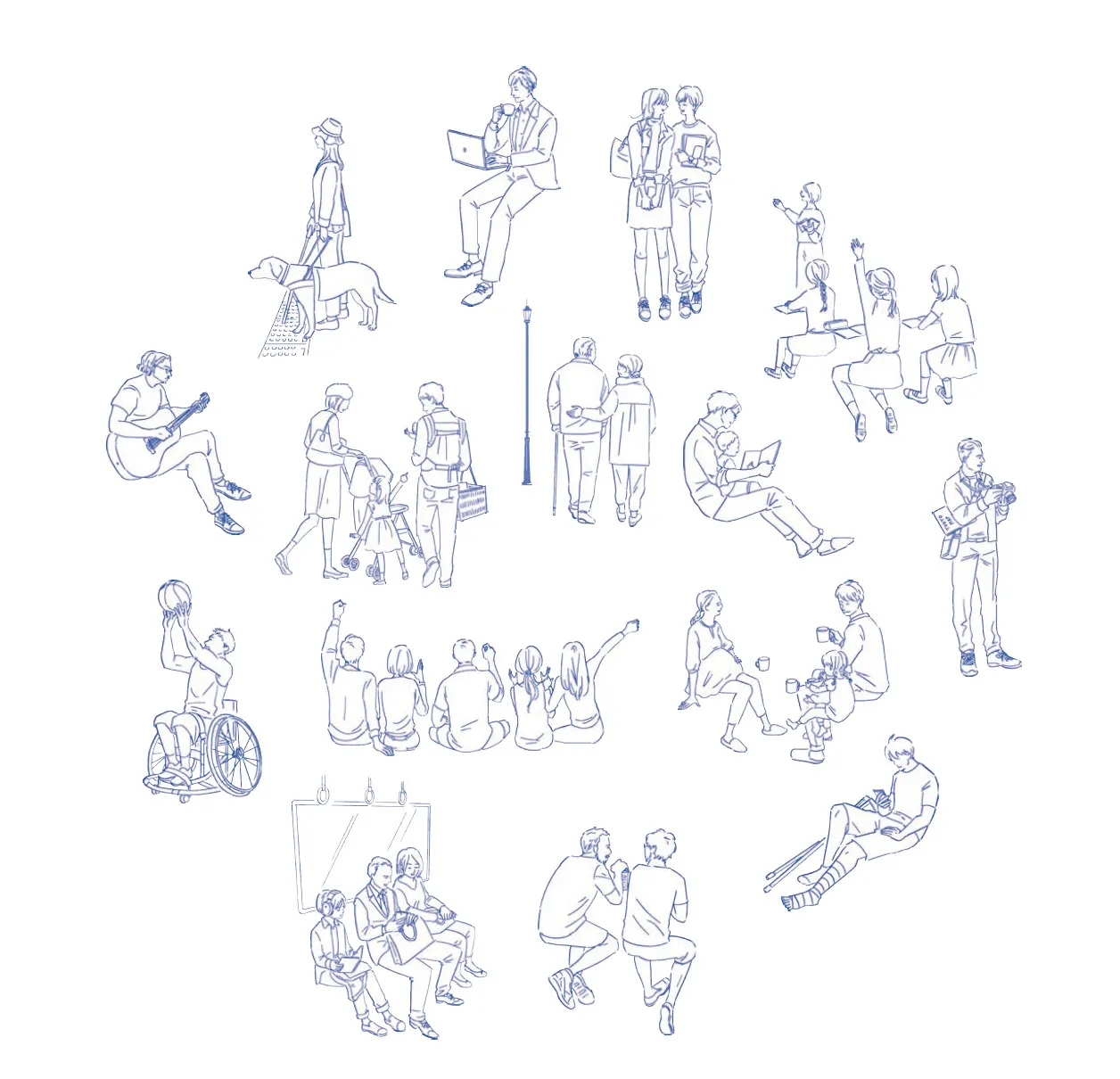 Illustration of differently-abled people, representing the lived experiences that guide TOTO kindness-driven Universal Design philosophy.