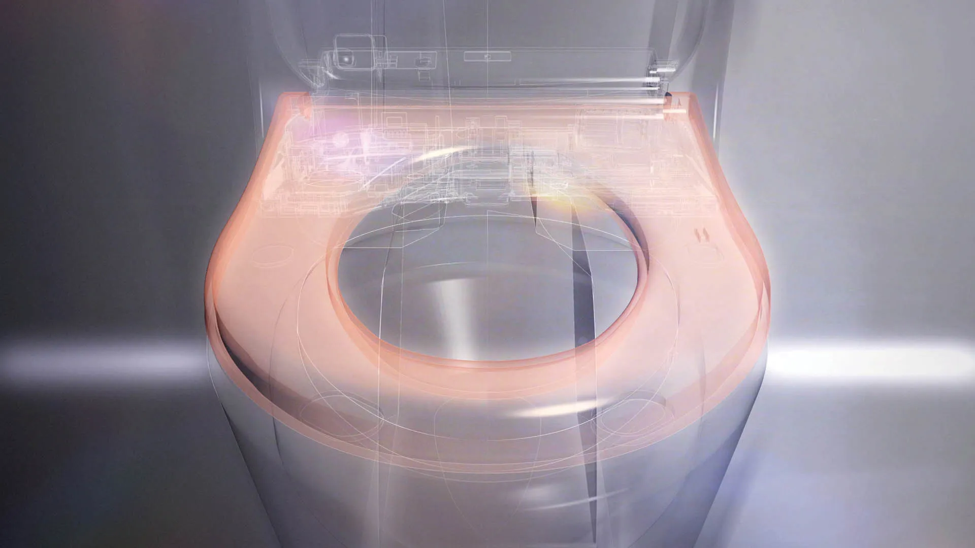 A WASHLET bidet seat is displayed featuring a warm orange glow to highlight its heated seat technology.