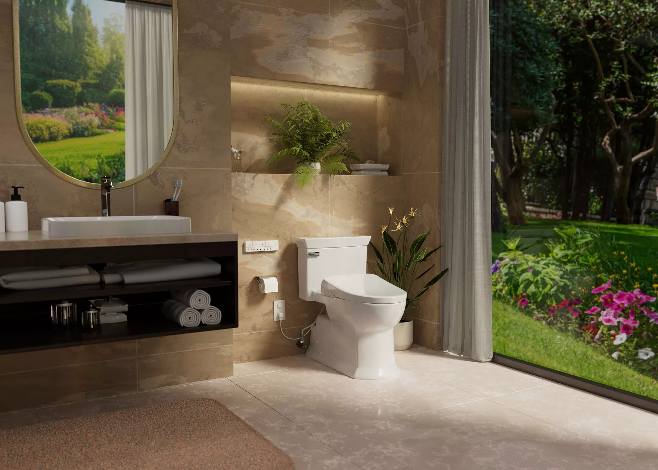 A modern bathroom featuring a TOTO Soirée toilet with WASHLET S7A bidet seat, set against warm beige stone tile walls. The space includes a floating vanity, backlit shelving with greenery, and large glass doors that open to a lush garden with colorful flowers and trees, blending indoor comfort with outdoor tranquility.