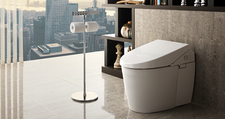 Neorest 550H Dual Flush Toilet in a bathroom overlooking city
