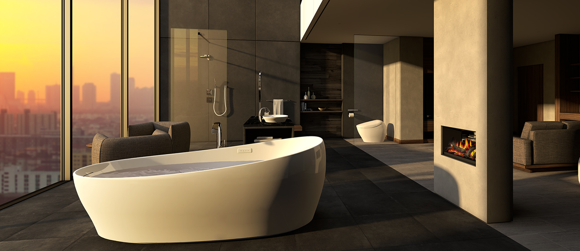 Photo of a large bathroom interior of high rise over a city. Showing TOTO's Flotation Tub.